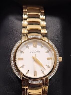 Bulova Gold and White Ladies Crystal Accent Bracelet Watch
